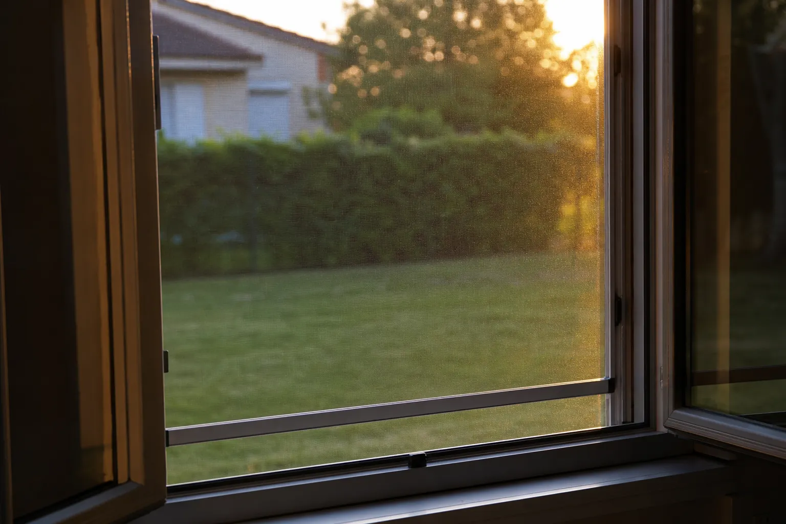 Moustiquaire à cadre aluminium tendue sur une baie vitrée ouverte sur un jardin