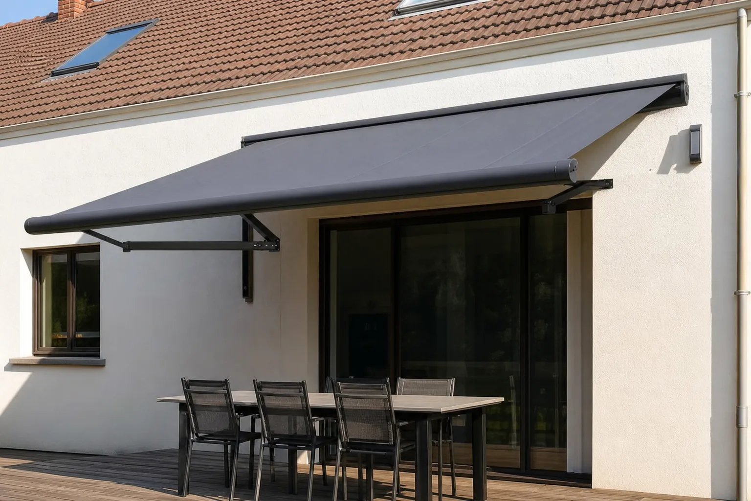 Store banne déployé sur une façade, ombre nette projetée sur une table de terrasse